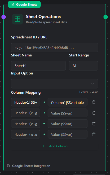 Google Sheets Node UI Configuration