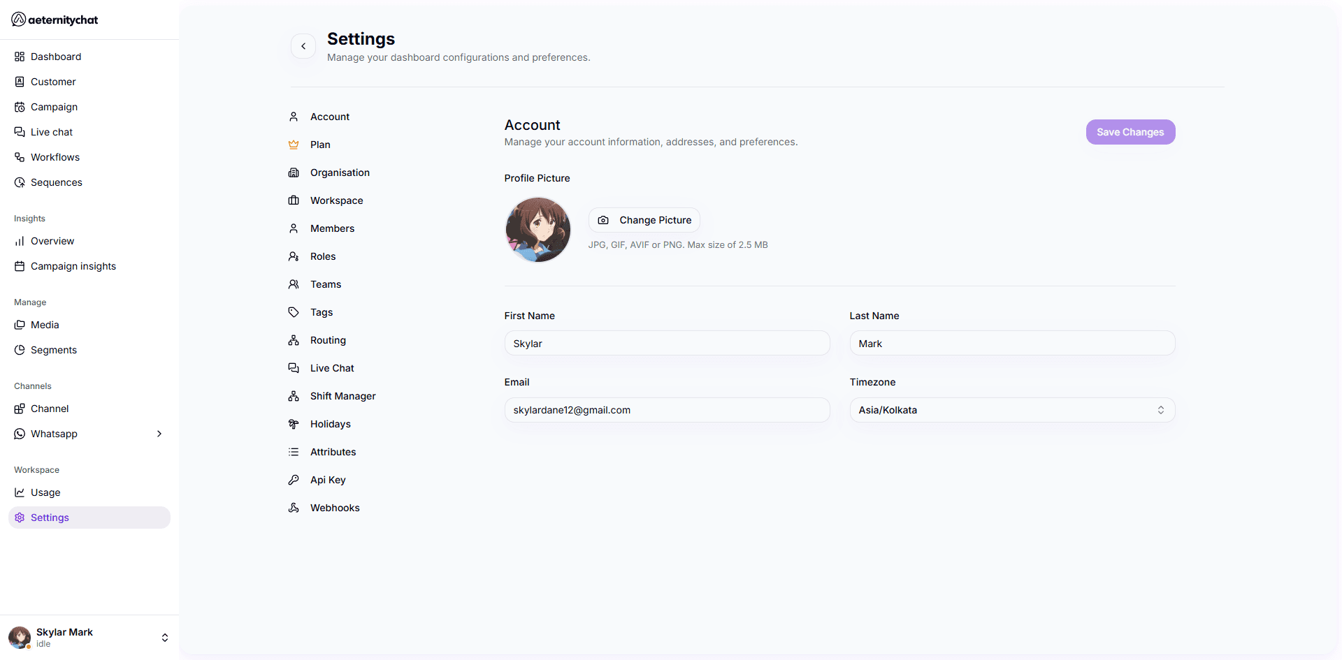 Settings page